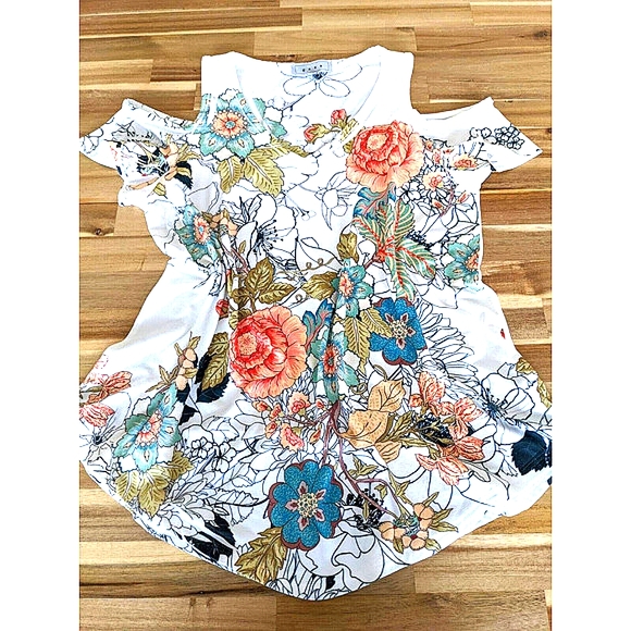 gaze Tops - Gaze Top Womens Medium White Floral Print Cold Shoulder Sleeve SOFT Knit